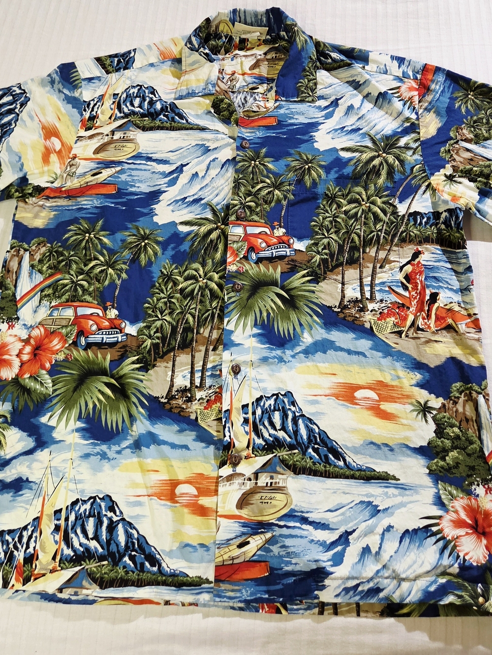 VTG Mens Winnie Fashion Hawaiian Button Shirt L Blue Woody Plane Short Sleeve